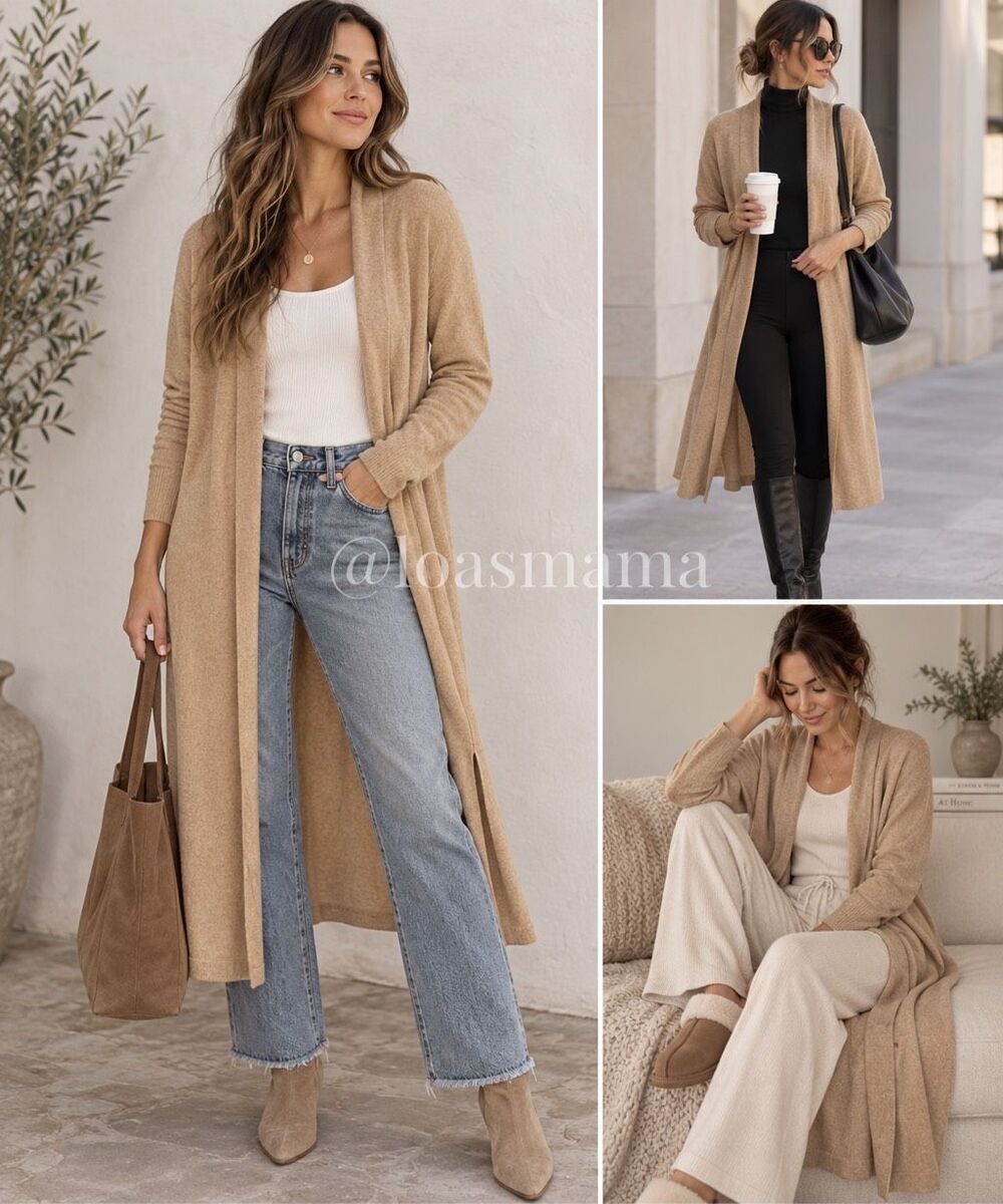 J. McLaughlin 100% Cashmere Duster Cardigan M Long Tan Quiet Luxury Old Money Mi